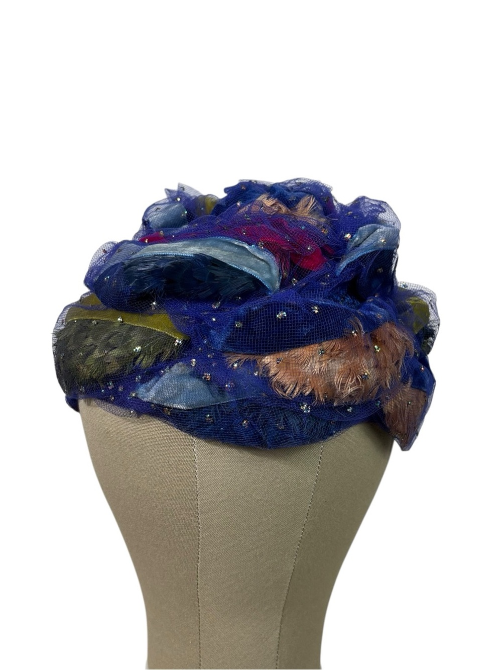 Vintage 1960s Christian Dior Chapeaux Glitter Feather Textured Turban Hat Cap